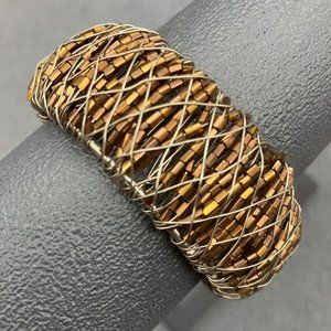 Open Cuff Bangle Bracelet Copper Seed Bead Silver Wire Crisscross Retro BoHo